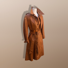 Load image into Gallery viewer, 70’s Vintage Two Piece with Removable Vest with Coat Leather Caramel Colored Trench Spy Coat Belted