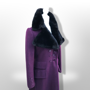 60’s 70’s Plum Purple Long Princess Coat with Sharp Tailoring and Faux Fur Trim