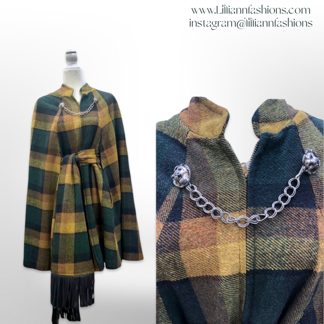 60’s 70’s Vintage Green Yellow Wool Cape Poncho and Scarf Set Double Lion Chain One Size Fits All