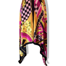 Load image into Gallery viewer, Maxi Dress Asymmetrical Silk Made in Paris V Neck Pink Magenta Yellow Floral and Geometric S/M
