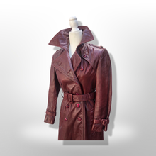 Load image into Gallery viewer, Vintage 70’s Leather Coat Trench Spy in Bergundy Oxblood Highly Detailed
