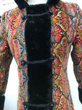 Load image into Gallery viewer, Vintage Hooded Tapestry Carpet Needlepoint Multi Color Rich Coat with Faux Fur Trim and Beaded Belt Boho Princess Boho Chic