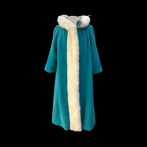 60’s LIlli Ann Coat Turquoise Blue with Ermine Mink Tuxedo Trim Collar “The World is Yours”