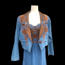 Load image into Gallery viewer, 80’s Vintage Three Piece Jean and Lace Skirt Bustier and Jacket Beaded and Embroidered Cowgirl Cowboy Beyoncé Style