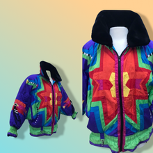Load image into Gallery viewer, 80’s 90’s Neiman Marcus Genuine Down Puffer Coat in Rainbow Apres Ski “In Living Color” Pride Oversized Chubby Coat Rare Ski Winter Suede Fringr Native American Inspired Style