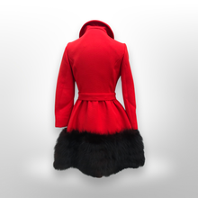 Load image into Gallery viewer, Women's Vintage Lilli Ann Coat- Lipstick Red Orange Bright 60's Mod Wool Thick Tiered Black Fox Fur Trim Fit Flare Princess Small Pinup