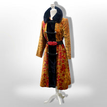 Load image into Gallery viewer, 60s 70s Vintage Gold And Red Floral Carpet Tapestry Coat Velvet Sherpa Boho Chic Burning Man Woodstock Russian Princess Sergeant Pepper's