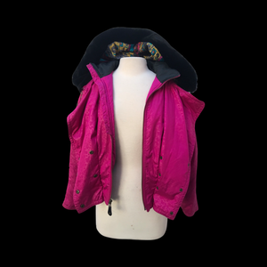 80’s 90’s Hot Pink Hooded Ski Windbreaker Jacket Cropped Tapered Waist Southwestern Aztec Trim