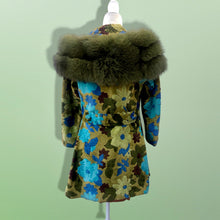 Load image into Gallery viewer, 60’s 70’s Tapestry Carpet Coat Blue Turquoise Green Beaded Belt Fur Fox Norwegian Collar