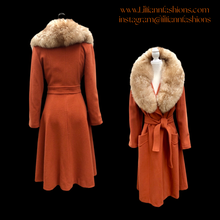 Load image into Gallery viewer, 70’s Vintage Wrap Coat in Fall Autumnal Orange Fit and Flare Princess Wool and Shearling