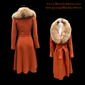 70’s Vintage Wrap Coat in Fall Autumnal Orange Fit and Flare Princess Wool and Shearling