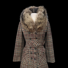 Load image into Gallery viewer, Vintage Tweed Plaid Coat with Fur Collar Fitted Flared Wool Petite