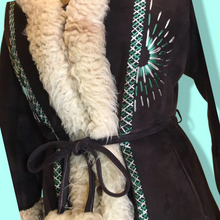 Load image into Gallery viewer, Vintage Coat- 70s Afghan Embroidered Turquoise Blue Sheep Shearling Sheepskin Suede Penny Lane Princess Coat Fit Flare S M Boho Hippy