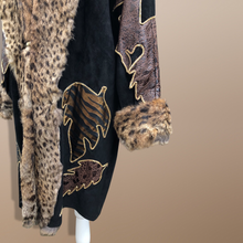 Load image into Gallery viewer, 80’s Does 20’s Cocoon Suede and Leather Gold Leaf Coat and Spotted Genuine Fur Serval Leopard Work of Art Coat