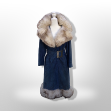 Load image into Gallery viewer, 1970’s Vintage Blue Suede and Fox Fur Belted Bohemian Boho Chic Princess Hippy Burning Man Coachella Festival Fall Winter Coat