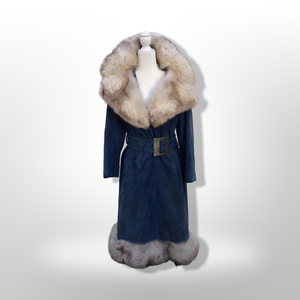 1970’s Vintage Blue Suede and Fox Fur Belted Bohemian Boho Chic Princess Hippy Burning Man Coachella Festival Fall Winter Coat