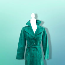Load image into Gallery viewer, Emerald Green Suede 70’s Coat Rounded Collar Studio 54 Trench Spy Coat