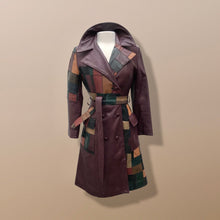 Load image into Gallery viewer, 70s Leather Coat l Maroon Patchwork Fit Flare Trench Spy Boho Studio 54 Mosaic boho chic One of a Kind