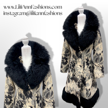 Load image into Gallery viewer, 70’s Tapestry Carpet Floral Black and White Coat with Black Shearling Trim Penny Lane Boho Hippy Chic