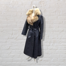 Load image into Gallery viewer, 70’s Navy Leather Coat Trench Spy with Fox Fur Collar