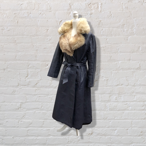 70’s Navy Leather Coat Trench Spy with Fox Fur Collar