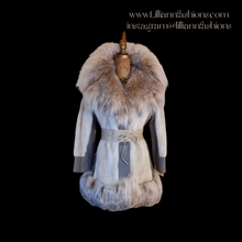 Load image into Gallery viewer, 60s Mod Cream Mink Lynx Massive Coyote Fox Fur Collar and Trim Leather- I magnin Fit Flare Princess Luxury 36&quot; Bust