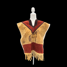 Load image into Gallery viewer, 70’s Suede Poncho Cape Equestrian Serape with Carved Horse Scene Mint Condition Fringe Border One Size Fits All Cowboy Cowgirl Unisex Southwestern Mexican Native Boho One of A Kind