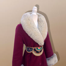 Load image into Gallery viewer, Women's Vintage Coat~ 70s Maroon Red Velveteen Velvet Shearling Tiered Princess Beaded  Belted Coat Fit Flare Penny Lane Almost Famous