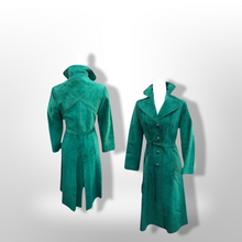 Load image into Gallery viewer, Emerald Green Suede 70’s Coat Rounded Collar Studio 54 Trench Spy Coat