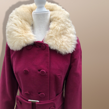Load image into Gallery viewer, 60’s 70’s Velveteen Maroon Coat Vegan Faux Fur Belted