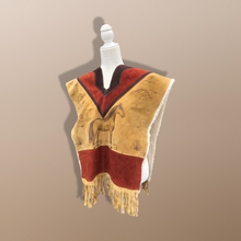 Load image into Gallery viewer, 70’s Suede Poncho Cape Equestrian Serape with Carved Horse Scene Mint Condition Fringe Border One Size Fits All Cowboy Cowgirl Unisex Southwestern Mexican Native Boho One of A Kind