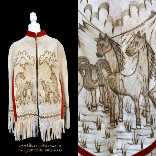 70’s Suede Poncho Cape with Carved Horse Scene Mint Condition Fringe Border One Size Fits All