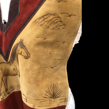 Load image into Gallery viewer, 70’s Suede Poncho Cape Equestrian Serape with Carved Horse Scene Mint Condition Fringe Border One Size Fits All Cowboy Cowgirl Unisex Southwestern Mexican Native Boho One of A Kind