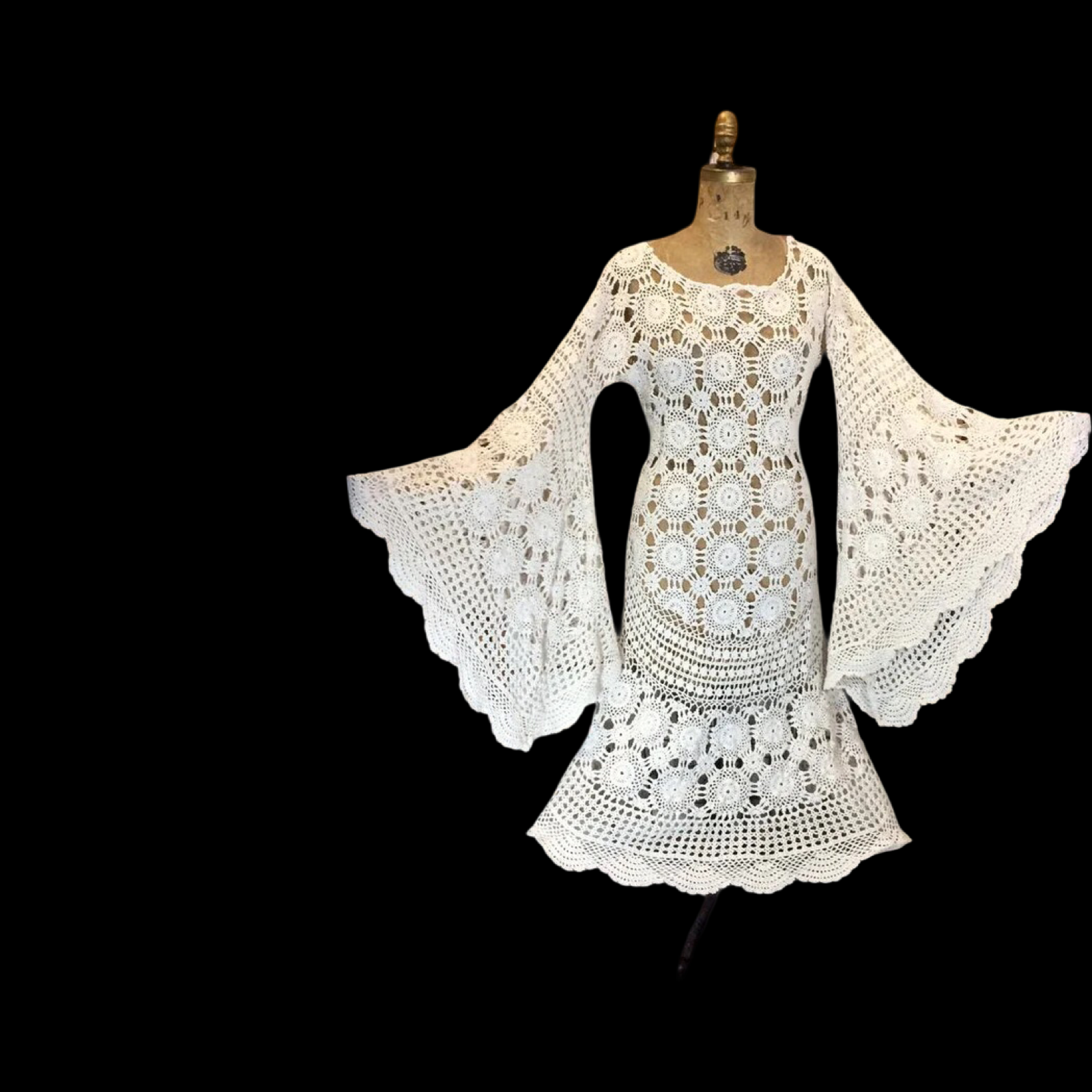 70s Angel Wing Crocheted Dress- Renaissance Festival 1970s Massive Bell Sleeves, Cream, White, Hippy Boho Flower Child Event Wedding M/L/XL