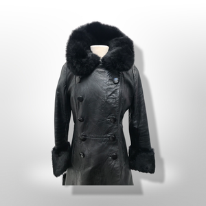 60’s 70’s Black Leather and Fur Coat Princess Sergeant Pepper From Mod to Boho Made in the UK