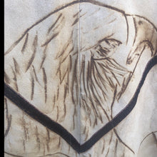 Load image into Gallery viewer, 70’s Suede Eagle Rising Phoenix Sun Poncho Serape Carved Suede Fringe Native Unisex One Size Fits All One of a Kind