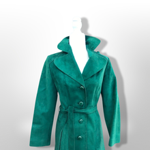 Load image into Gallery viewer, Emerald Green Suede 70’s Coat Rounded Collar Studio 54 Trench Spy Coat