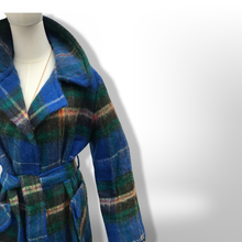 Load image into Gallery viewer, Made in Scotland Scottish Pure Mohair and Wool Plaid Coat Hat Scarf Three Piece Set Blue Yellow Wrap Style