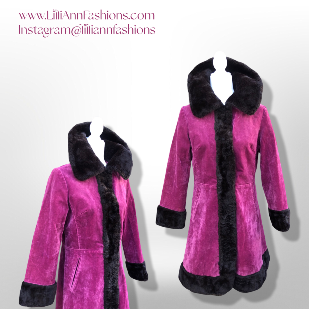 Vintage 70’s Pink Magenta Velvet Faux Fur Princess Coat