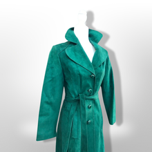 Load image into Gallery viewer, Emerald Green Suede 70’s Coat Rounded Collar Studio 54 Trench Spy Coat
