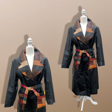 Load image into Gallery viewer, 70’s Black Patchwork Leather Trench Coat Spy