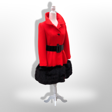 Load image into Gallery viewer, Women's Vintage Lilli Ann Coat- Lipstick Red Orange Bright 60's Mod Wool Thick Tiered Black Fox Fur Trim Fit Flare Princess Small Pinup