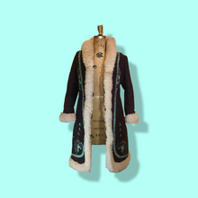 Load image into Gallery viewer, Vintage Coat- 70s Afghan Embroidered Turquoise Blue Sheep Shearling Sheepskin Suede Penny Lane Princess Coat Fit Flare S M Boho Hippy