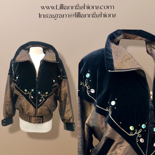 80’s 90’s Vintage Neiman Marcus Puffer Windbreaker Glam Style with Velvet and Rhinestone Gems