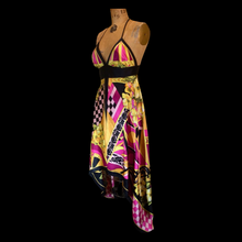 Load image into Gallery viewer, Maxi Dress Asymmetrical Silk Made in Paris V Neck Pink Magenta Yellow Floral and Geometric S/M