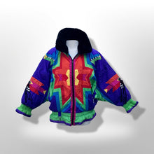 Load image into Gallery viewer, 80’s 90’s Neiman Marcus Genuine Down Puffer Coat in Rainbow Apres Ski “In Living Color” Pride Oversized Chubby Coat Rare Ski Winter Suede Fringr Native American Inspired Style