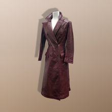 Load image into Gallery viewer, Vintage 70’s Leather Coat Trench Spy Collar Business Career Fitted Women’s Oxblood Maroon Bergundy