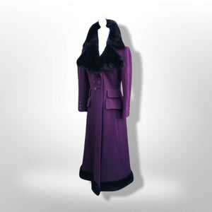 60’s 70’s Plum Purple Long Princess Coat with Sharp Tailoring and Faux Fur Trim