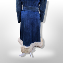 Load image into Gallery viewer, 1970’s Vintage Blue Suede and Fox Fur Belted Bohemian Boho Chic Princess Hippy Burning Man Coachella Festival Fall Winter Coat