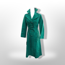 Load image into Gallery viewer, Emerald Green Suede 70’s Coat Rounded Collar Studio 54 Trench Spy Coat